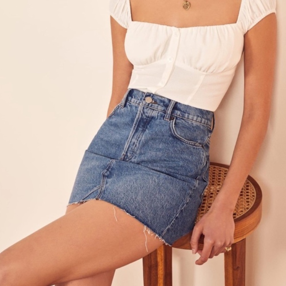 Reformation Cherry Denim Raw Hem Mini Skirt
